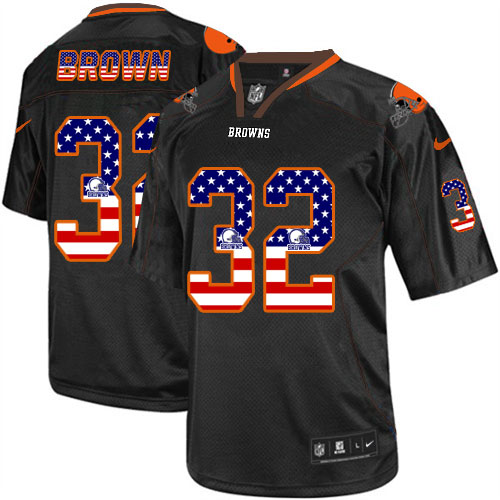 Men's Nike Cleveland Browns #32 Jim Brown Elite Black USA Flag Fashion NFL Jersey