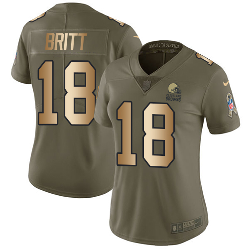 Women's Nike Cleveland Browns #18 Kenny Britt Limited Olive/Gold 2017 Salute to Service NFL Jersey