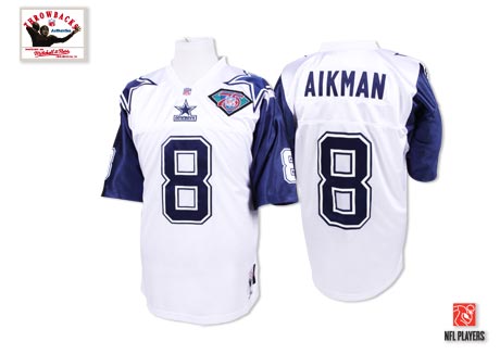 Men's Mitchell and Ness Dallas Cowboys #8 Troy Aikman Authentic White 75TH Patch Throwback NFL Jersey