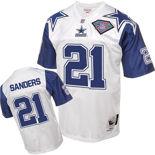 Mitchell and Ness Dallas Cowboys #21 Deion Sanders Authentic White 75TH Patch Throwback NFL Jersey