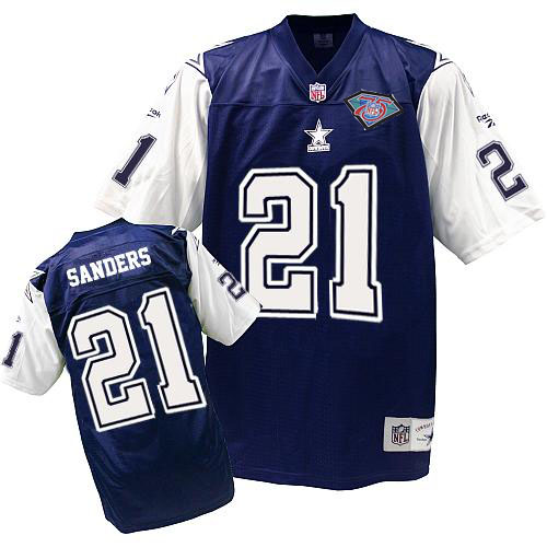 Mitchell and Ness Dallas Cowboys #21 Deion Sanders Authentic Navy Blue/White 75TH Patch Throwback NFL Jersey