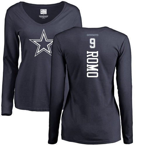 NFL Women's Nike Dallas Cowboys #9 Tony Romo Navy Blue Backer Slim Fit Long Sleeve T-Shirt