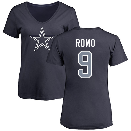 NFL Women's Nike Dallas Cowboys #9 Tony Romo Navy Blue Name & Number Logo Slim Fit T-Shirt