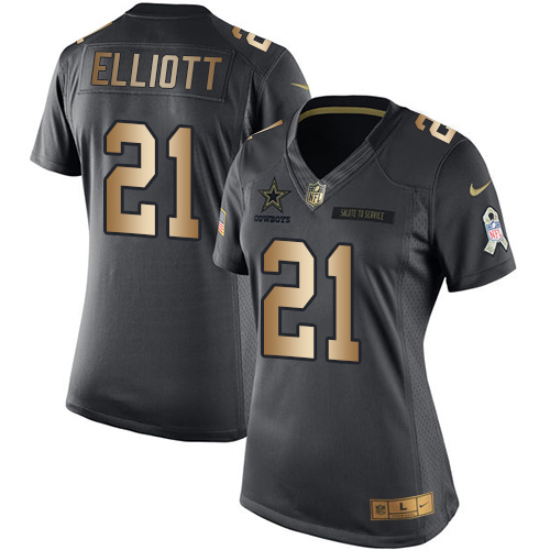 Women's Nike Dallas Cowboys #21 Ezekiel Elliott Limited Black/Gold Salute to Service NFL Jersey