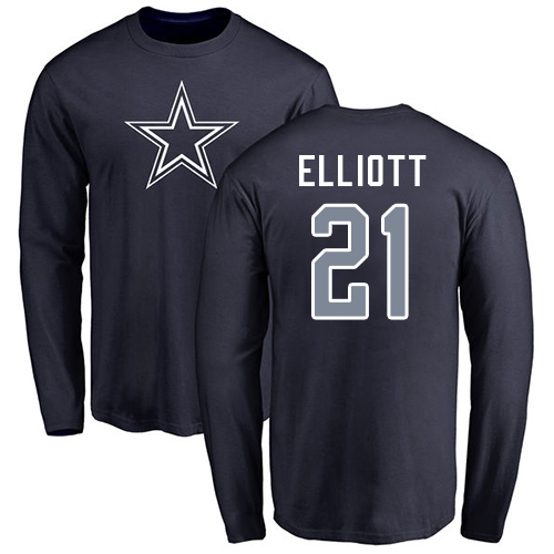 NFL Nike Dallas Cowboys #21 Ezekiel Elliott Navy Blue Name & Number Logo Long Sleeve T-Shirt