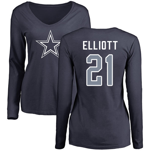 NFL Women's Nike Dallas Cowboys #21 Ezekiel Elliott Navy Blue Name & Number Logo Slim Fit Long Sleeve T-Shirt