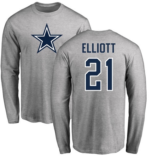 NFL Nike Dallas Cowboys #21 Ezekiel Elliott Ash Name & Number Logo Long Sleeve T-Shirt