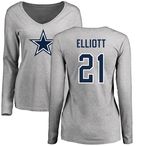 NFL Women's Nike Dallas Cowboys #21 Ezekiel Elliott Ash Name & Number Logo Slim Fit Long Sleeve T-Shirt
