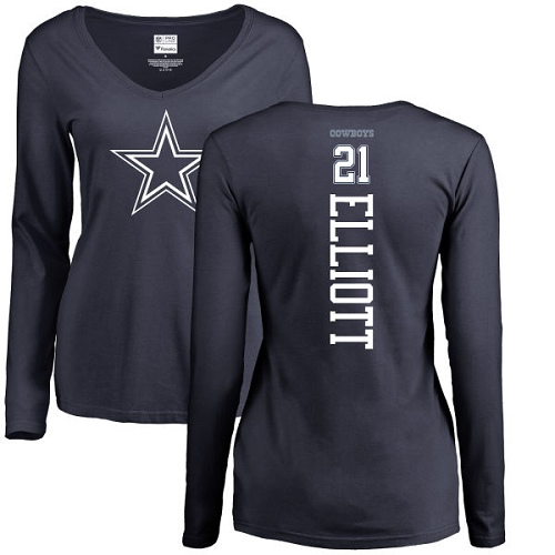 NFL Women's Nike Dallas Cowboys #21 Ezekiel Elliott Navy Blue Backer Slim Fit Long Sleeve T-Shirt