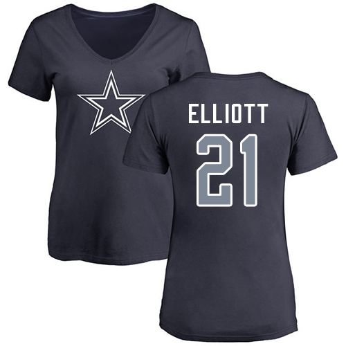 NFL Women's Nike Dallas Cowboys #21 Ezekiel Elliott Navy Blue Name & Number Logo Slim Fit T-Shirt