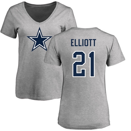 NFL Women's Nike Dallas Cowboys #21 Ezekiel Elliott Ash Name & Number Logo Slim Fit T-Shirt