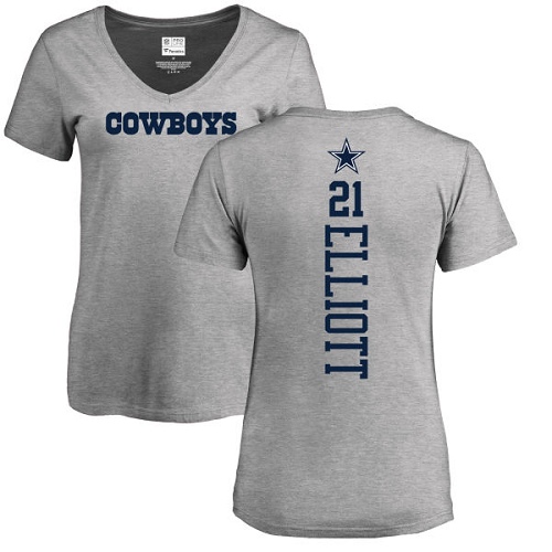 NFL Women's Nike Dallas Cowboys #21 Ezekiel Elliott Ash Backer V-Neck T-Shirt