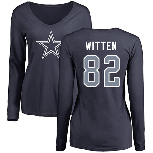 NFL Women's Nike Dallas Cowboys #82 Jason Witten Navy Blue Name & Number Logo Slim Fit Long Sleeve T-Shirt