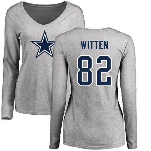 NFL Women's Nike Dallas Cowboys #82 Jason Witten Ash Name & Number Logo Slim Fit Long Sleeve T-Shirt