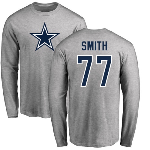 NFL Nike Dallas Cowboys #77 Tyron Smith Ash Name & Number Logo Long Sleeve T-Shirt