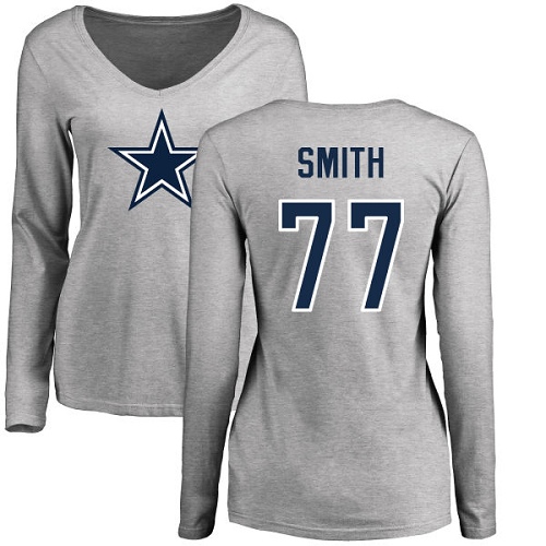 NFL Women's Nike Dallas Cowboys #77 Tyron Smith Ash Name & Number Logo Slim Fit Long Sleeve T-Shirt