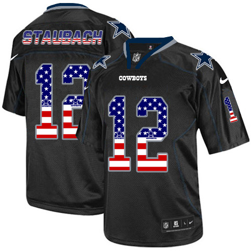 Men's Nike Dallas Cowboys #12 Roger Staubach Elite Black USA Flag Fashion NFL Jersey