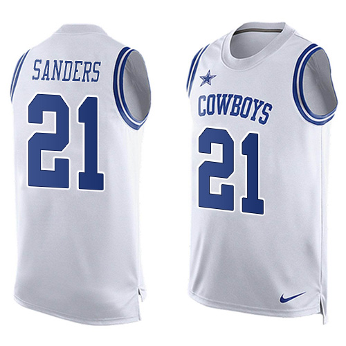 Men's Nike Dallas Cowboys #21 Deion Sanders Limited White Player Name & Number Tank Top NFL Jersey