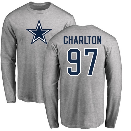NFL Nike Dallas Cowboys #97 Taco Charlton Ash Name & Number Logo Long Sleeve T-Shirt