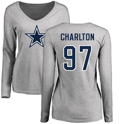 NFL Women's Nike Dallas Cowboys #97 Taco Charlton Ash Name & Number Logo Slim Fit Long Sleeve T-Shirt