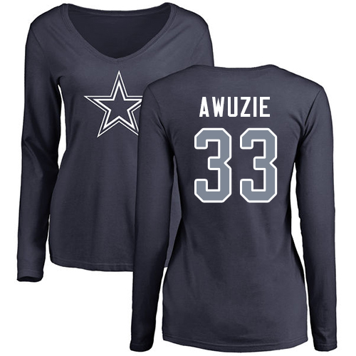 NFL Women's Nike Dallas Cowboys #33 Chidobe Awuzie Navy Blue Name & Number Logo Slim Fit Long Sleeve T-Shirt