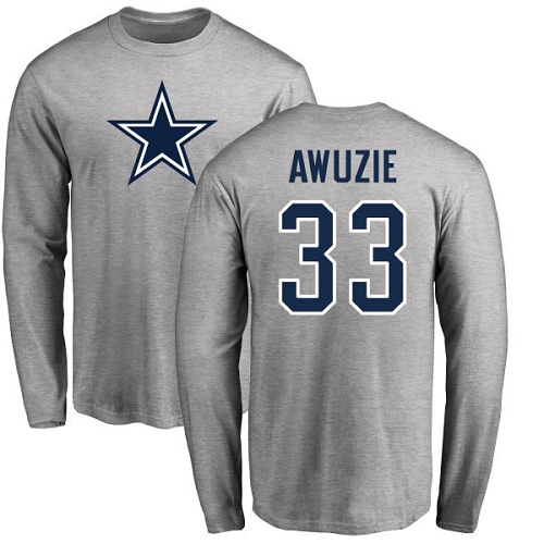 NFL Nike Dallas Cowboys #33 Chidobe Awuzie Ash Name & Number Logo Long Sleeve T-Shirt