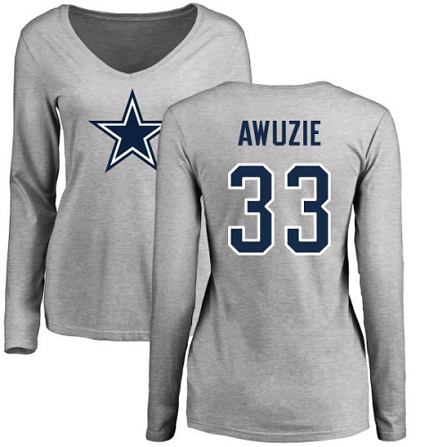 NFL Women's Nike Dallas Cowboys #33 Chidobe Awuzie Ash Name & Number Logo Slim Fit Long Sleeve T-Shirt