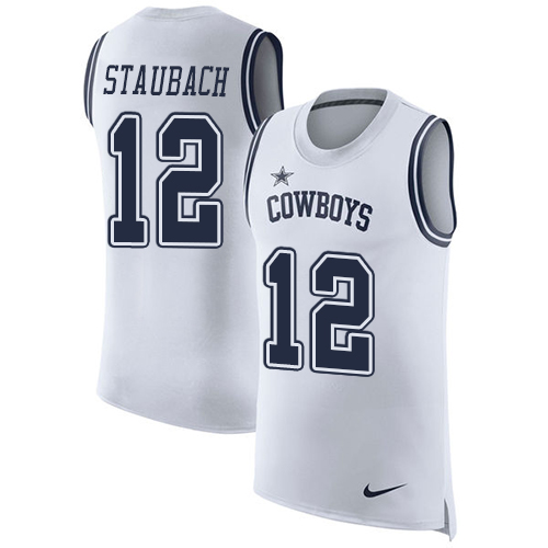 Men's Nike Dallas Cowboys #12 Roger Staubach White Rush Player Name & Number Tank Top NFL Jersey