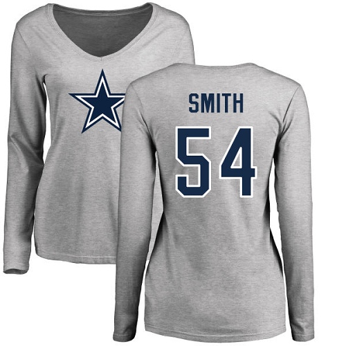 NFL Women's Nike Dallas Cowboys #54 Jaylon Smith Ash Name & Number Logo Slim Fit Long Sleeve T-Shirt