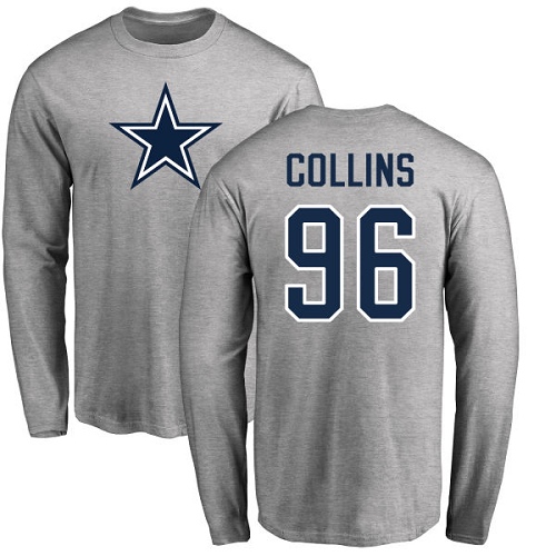 NFL Nike Dallas Cowboys #96 Maliek Collins Ash Name & Number Logo Long Sleeve T-Shirt