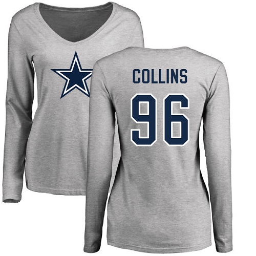 NFL Women's Nike Dallas Cowboys #96 Maliek Collins Ash Name & Number Logo Slim Fit Long Sleeve T-Shirt