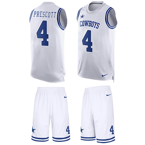 Men's Nike Dallas Cowboys #4 Dak Prescott Limited White Tank Top Suit NFL Jersey