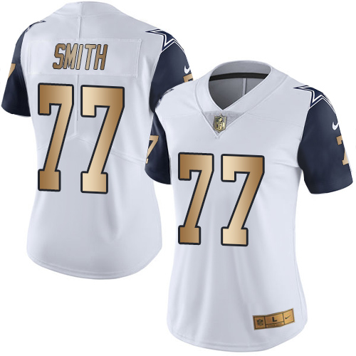 Women's Nike Dallas Cowboys #77 Tyron Smith Limited White/Gold Rush Vapor Untouchable NFL Jersey