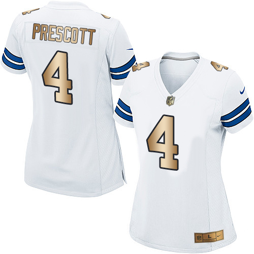 Women's Nike Dallas Cowboys #4 Dak Prescott Elite White/Gold NFL Jersey