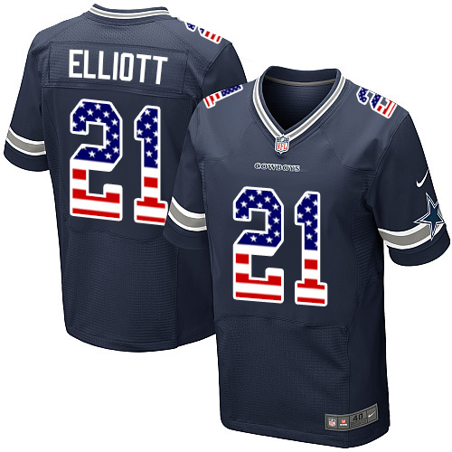 Men's Nike Dallas Cowboys #21 Ezekiel Elliott Elite Navy Blue Home USA Flag Fashion NFL Jersey