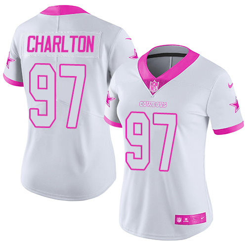 Women's Nike Dallas Cowboys #97 Taco Charlton Limited White/Pink Rush Fashion NFL Jersey