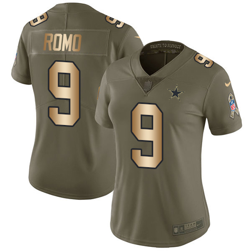 Women's Nike Dallas Cowboys #9 Tony Romo Limited Olive/Gold 2017 Salute to Service NFL Jersey