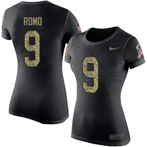 NFL Women's Nike Dallas Cowboys #9 Tony Romo Black Camo Salute to Service T-Shirt