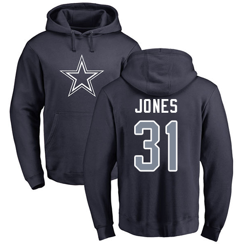 NFL Nike Dallas Cowboys #31 Byron Jones Navy Blue Name & Number Logo Pullover Hoodie