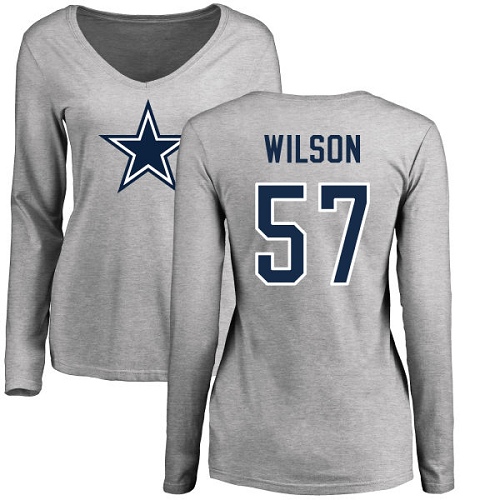 NFL Women's Nike Dallas Cowboys #57 Damien Wilson Ash Name & Number Logo Slim Fit Long Sleeve T-Shirt