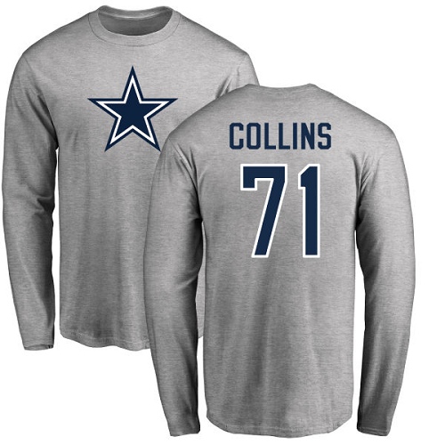 NFL Nike Dallas Cowboys #71 La'el Collins Ash Name & Number Logo Long Sleeve T-Shirt
