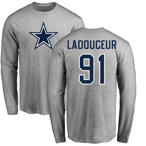 NFL Nike Dallas Cowboys #91 L. P. Ladouceur Ash Name & Number Logo Long Sleeve T-Shirt
