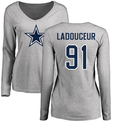 NFL Women's Nike Dallas Cowboys #91 L. P. Ladouceur Ash Name & Number Logo Slim Fit Long Sleeve T-Shirt