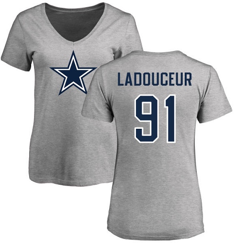 NFL Women's Nike Dallas Cowboys #91 L. P. Ladouceur Ash Name & Number Logo Slim Fit T-Shirt