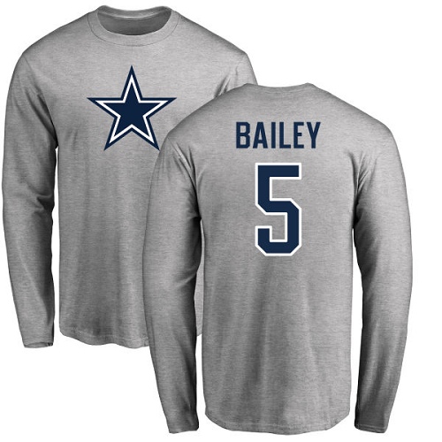 NFL Nike Dallas Cowboys #5 Dan Bailey Ash Name & Number Logo Long Sleeve T-Shirt