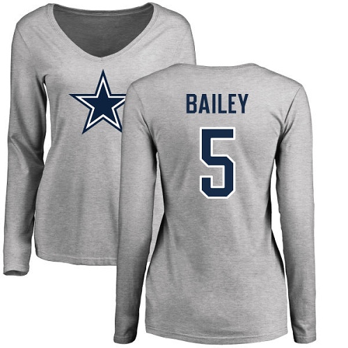 NFL Women's Nike Dallas Cowboys #5 Dan Bailey Ash Name & Number Logo Slim Fit Long Sleeve T-Shirt