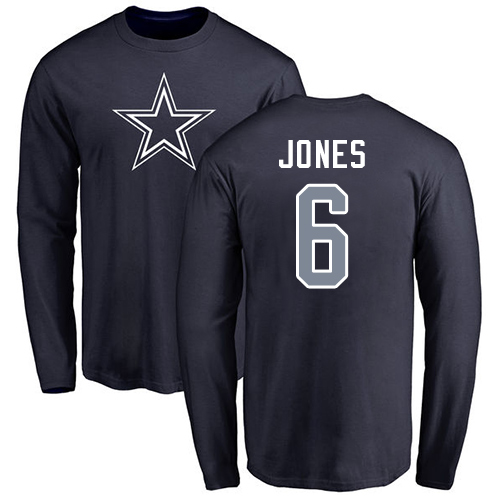 NFL Nike Dallas Cowboys #6 Chris Jones Navy Blue Name & Number Logo Long Sleeve T-Shirt