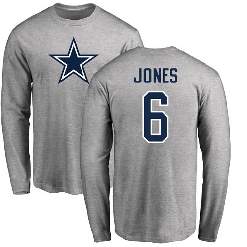 NFL Nike Dallas Cowboys #6 Chris Jones Ash Name & Number Logo Long Sleeve T-Shirt