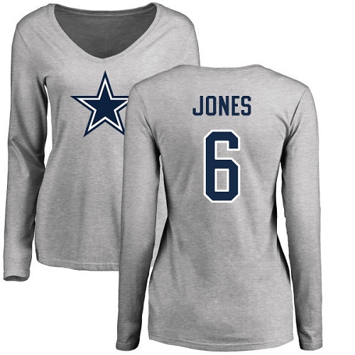 NFL Women's Nike Dallas Cowboys #6 Chris Jones Ash Name & Number Logo Slim Fit Long Sleeve T-Shirt