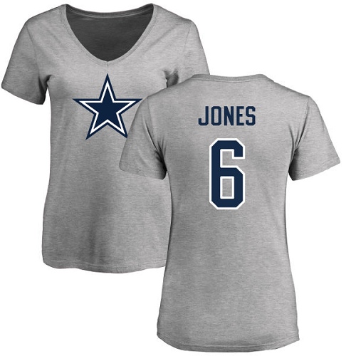 NFL Women's Nike Dallas Cowboys #6 Chris Jones Ash Name & Number Logo Slim Fit T-Shirt